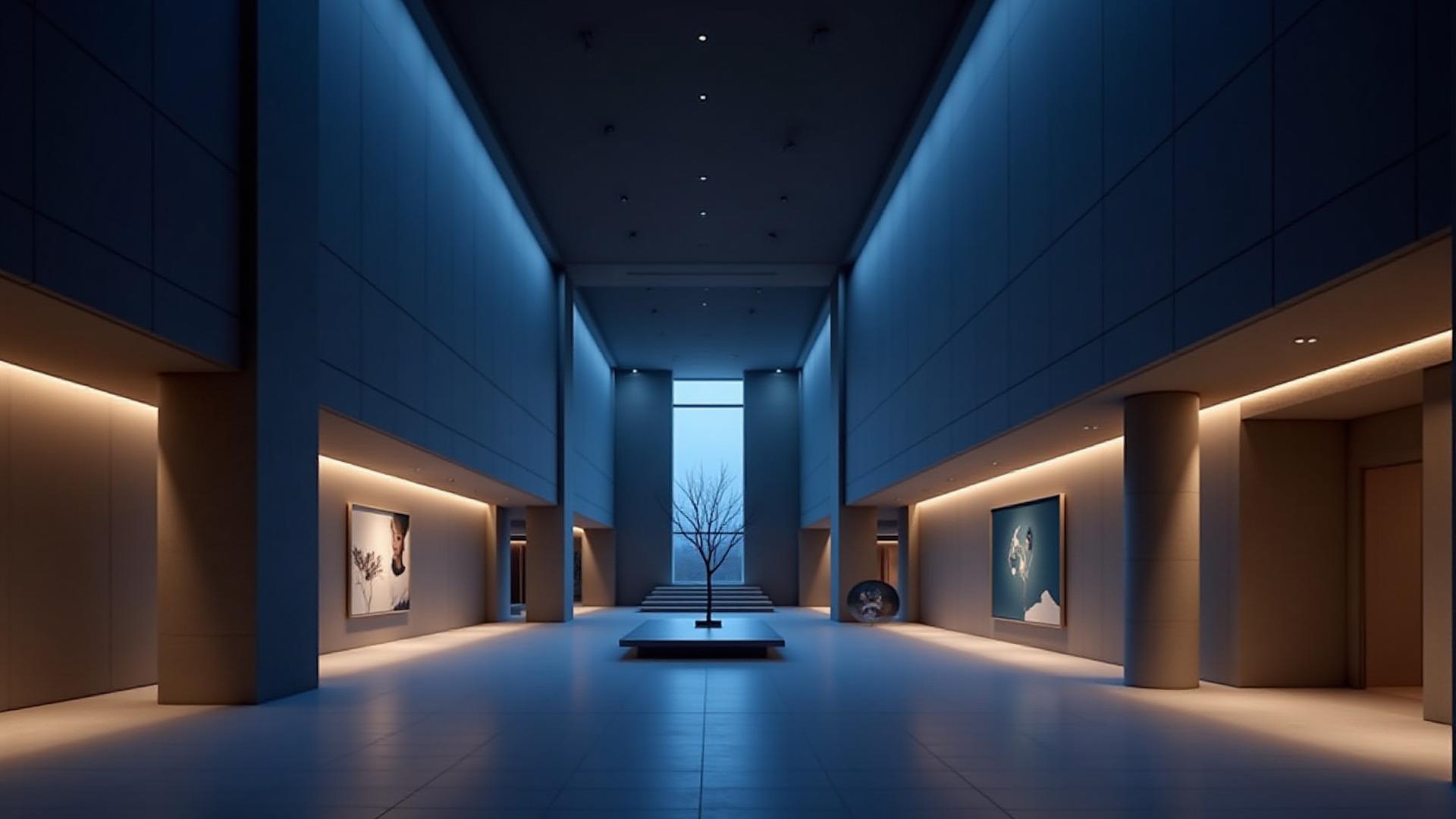 夜に美しくライトアップされた美術館のロビー