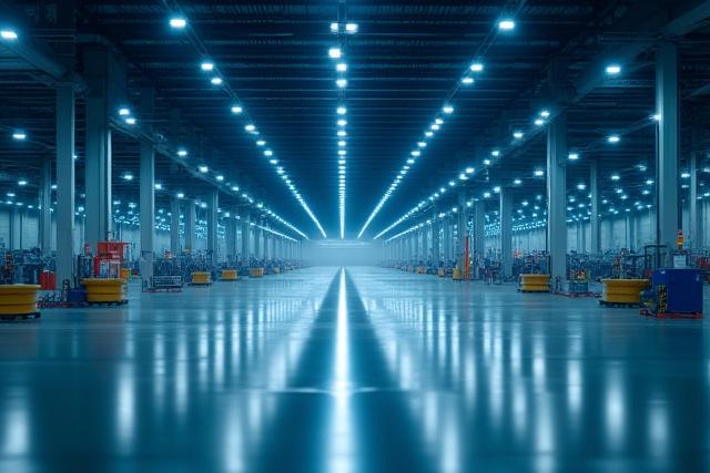 高天井に設置された明るく均一なLED照明で照らされた現代的な工場内部の広角ショット。