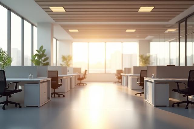 明るくモダンなオフィス空間。タスクライトと天井のLEDが快適な作業環境を作り出している。