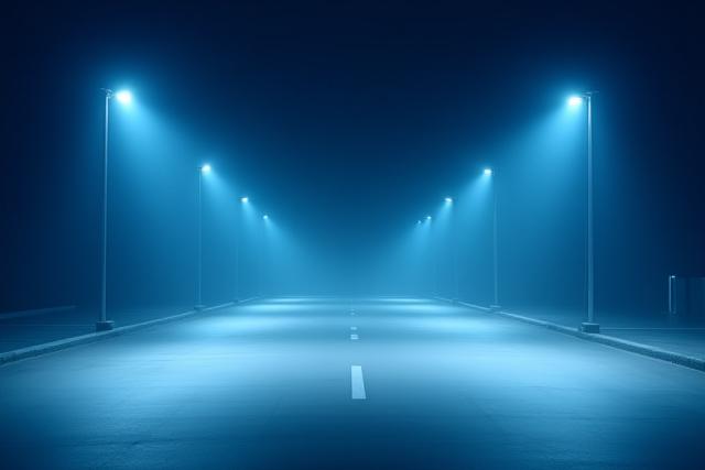 LED投光器で明るく照らされた夜間の屋外駐車場。安全性が確保されている様子。