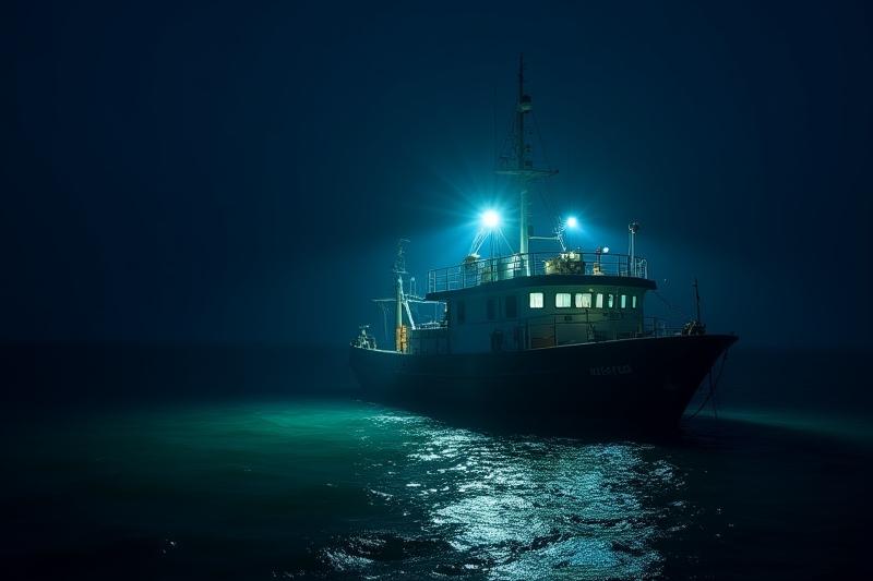 夜間操業中の漁船を照らす集魚灯と作業灯