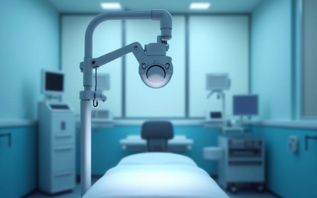 皮膚科の診察室で、専門の照明器具のもとで患者の皮膚が精密に検査されている様子。