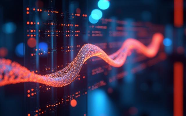 DNAシーケンサーの内部で、蛍光標識されたDNAサンプルがレーザー光で読み取られている様子。