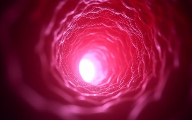 内視鏡の先端から強力な光が放たれ、体内を鮮明に映し出している様子。