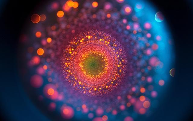 顕微鏡の対物レンズの下に置かれたサンプルが、鮮やかな色で照らされている様子。