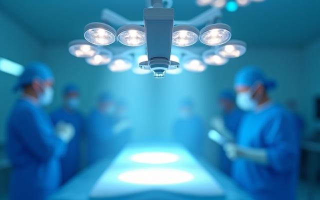 手術室で精密手術が行われている様子。手術野を明るく照らす無影灯が上部に設置されている。