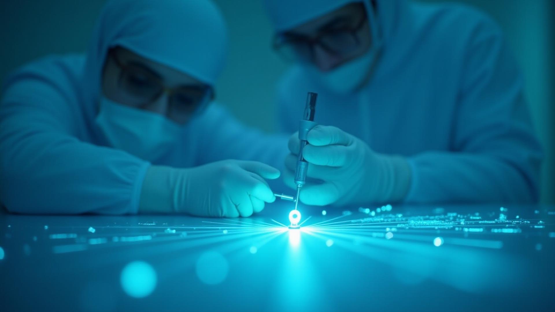 クリーンルームでレーザーダイオードの精密アセンブリを行う技術者