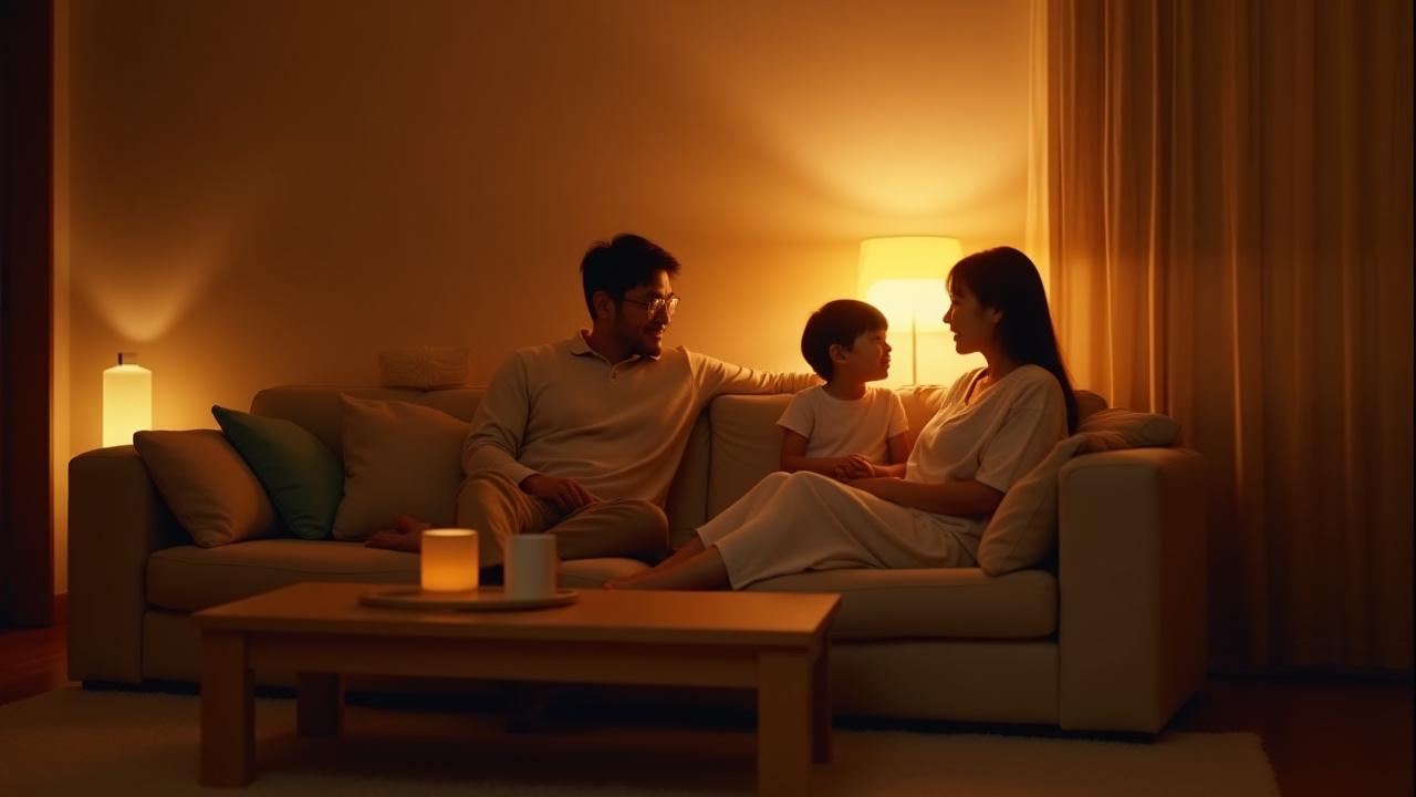 スマートホームで快適に過ごす家族の様子