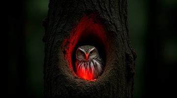 赤色光で照らされたフクロウが巣作りしている高精細な映像キャプチャ